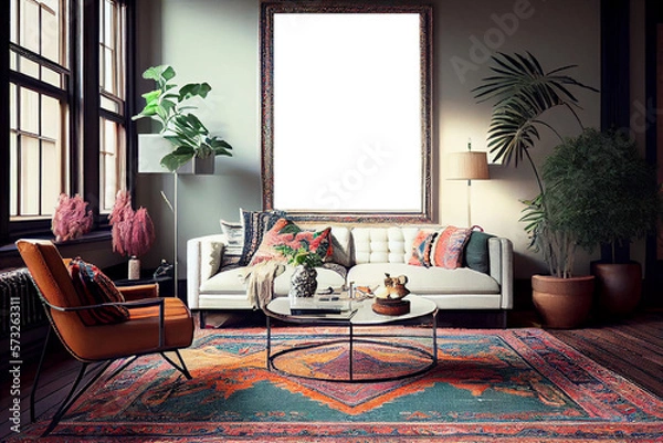 Obraz Interior design of a bohemian living room with a big blank poster frame, comfortable sofa, colorful pillows and colorful Persian rug | Generative Ai | Indoor décor | Modern and luxurious Living room