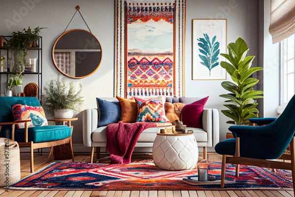 Fototapeta Interior design of a bohemian living room with a big blank poster frame, comfortable sofa, colorful pillows and colorful Persian rug | Generative Ai | Indoor décor | Modern and luxurious Living room