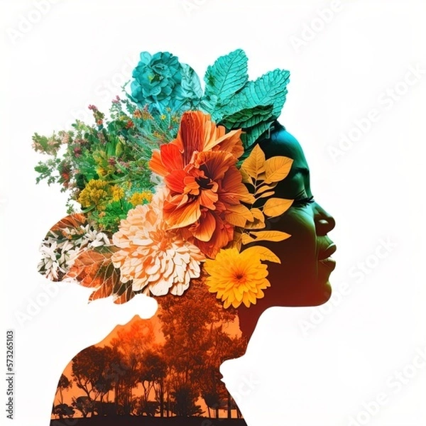 Obraz Surreal double exposure image of woman and flowers. Great for ads, book covers, posters and more.