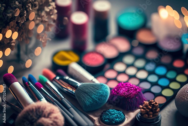 Obraz Abstract background with professional make-up products. Beauty industry accessories. AI generative image.