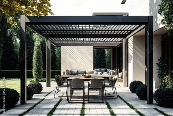 Fototapeta Modern patio furniture include a pergola shade structure, an awning, a patio roof, a dining table, seats, and a metal grill generative ai