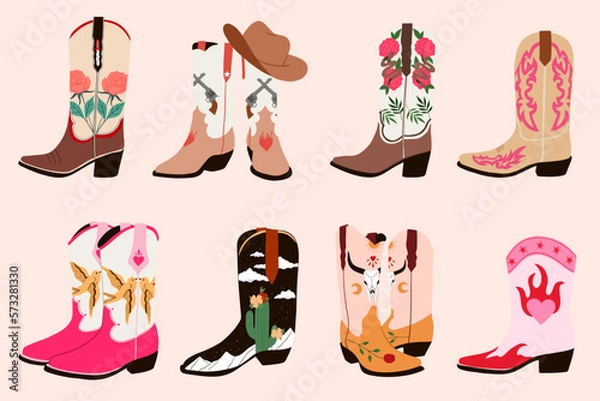 Obraz Set of cowboy boots with different ornaments. Wild West fashion style. Cartoon flat illustrations. Hand drawn vector set