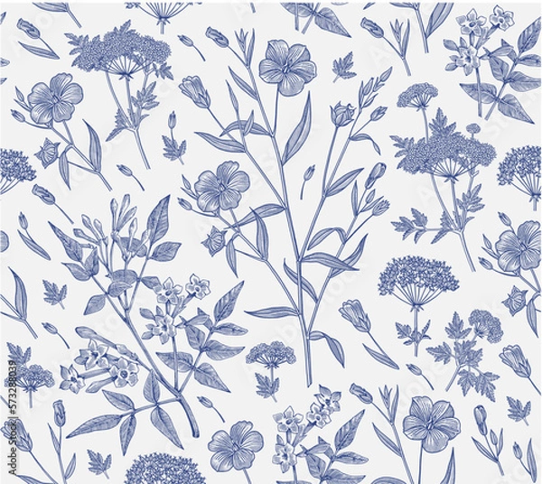 Fototapeta Seamless pattern Linum Flax Jasmine Hemlock tree wildflowers. Beautiful fabric blooming realistic isolated flowers Vintage background Wallpaper baroque. Drawing engraving Vector victorian illustration