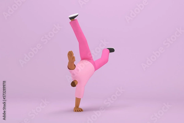Fototapeta The black man with pink clothes.   He is doing exercise.  3d rendering of cartoon character in acting.