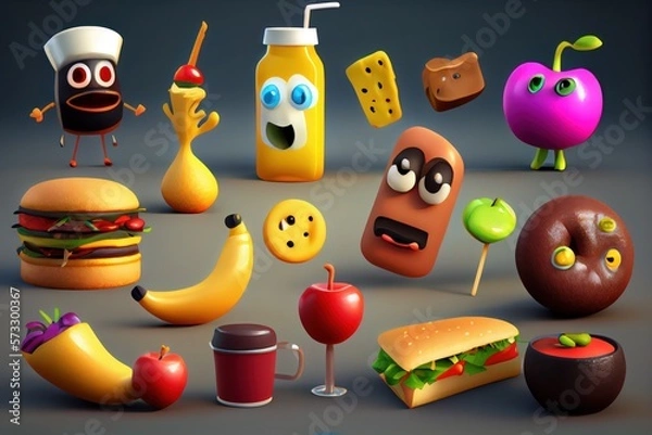Fototapeta Cute Cartoon Food Characters. Created with Generative AI Technology