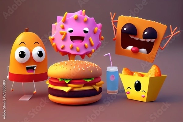 Fototapeta Cute Cartoon Food Characters. Created with Generative AI Technology