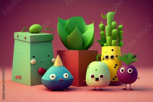 Obraz 3D Illustration of Cute Cartoon Vegetables Characters. Created with Generative AI Technology