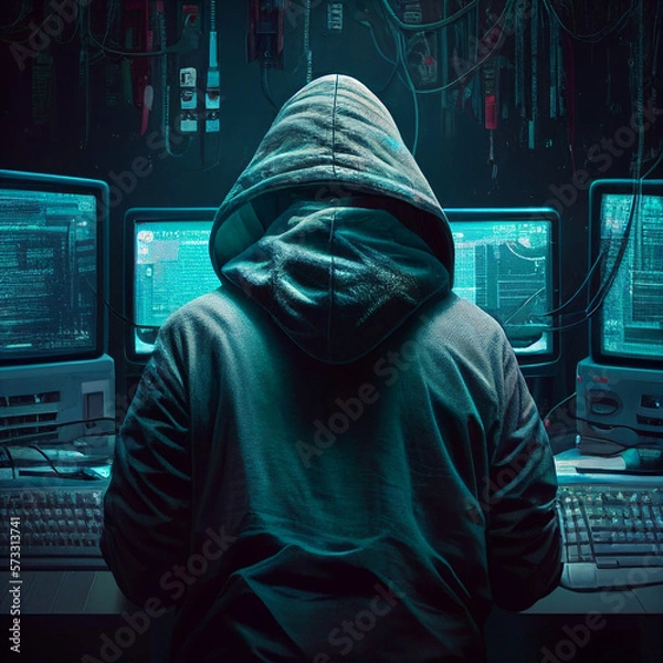Obraz hacker attack, a man in a hood without a face, information protection, surrounded by computers. created using Generative All Technology
