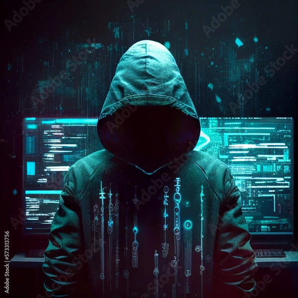 Obraz hacker attack, a man in a hood without a face, information protection, surrounded by computers. created using Generative All Technology