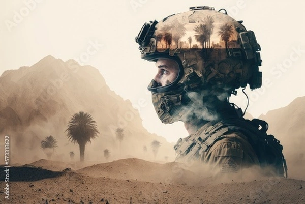 Fototapeta Army soldier, war, military person, double exposure, abstract background. Generative AI.