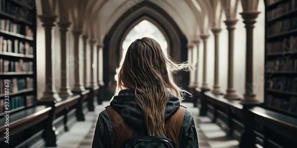 Fototapeta Backshot of a young woman in a library. Generative AI.