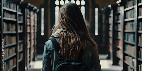 Fototapeta Backshot of a young woman in a library. Generative AI.