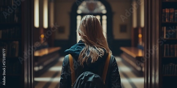 Fototapeta Backshot of a young woman in a library. Generative AI.