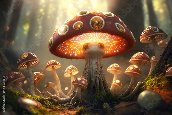 Fototapeta Big fly agarics and little fly agarics in a magical forest. AI generative