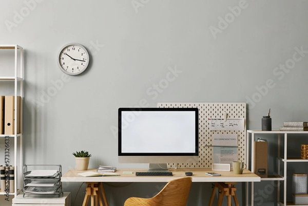 Fototapeta Minimal office setup with computer screen mockup on desk
