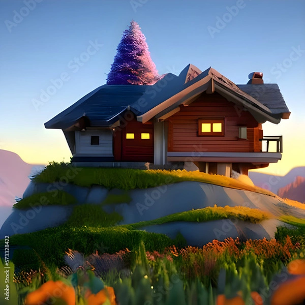 Fototapeta house in the garden, beautiful landscape, artificial intelligence