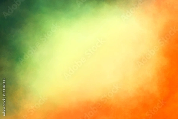 Fototapeta Colorful watercolor background of abstract sunset sky with paint blotches and soft blurred texture in blue green yellow beige and orange border in gradient paint colors