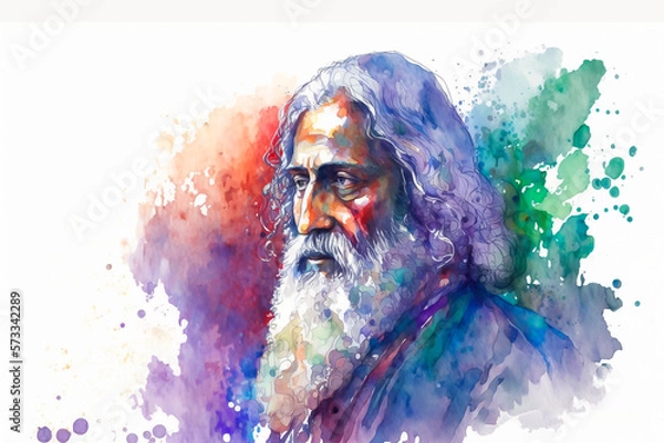 Fototapeta Rabindranath Tagore watercolor illustration. Generative AI