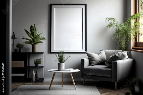 Fototapeta mock up modern living room with empty frame, interior design made with Generative AI
