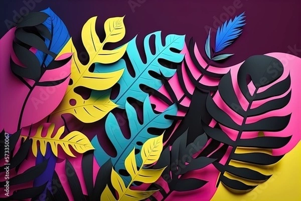 Fototapeta Tropical leaves background. Vivid bright color shaded palm leaves in purple,yellow, black and blue colors. Modern style trendy jungle florals for summer party
