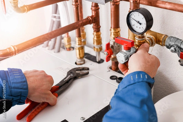 Obraz Plumbing concept or service worker. Copper pipelines close up with analog pressure gauge.