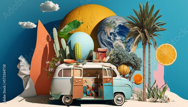 Fototapeta Journey, travel concept. Happy family rides in car on vacation. ai generative.
