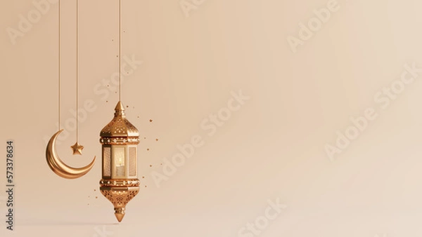Fototapeta Islamic background with ramadan lantern and crescent moon 3D illustration.
