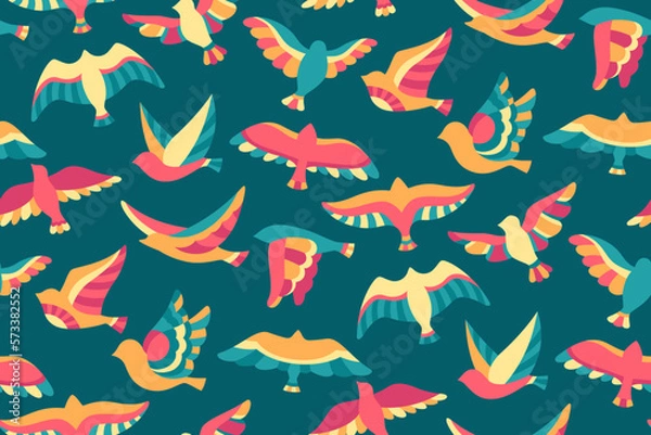 Fototapeta Flock of birds flying in sky seamless pattern. Flying bird dove abstract graphic ornament colorful cartoon texture. Flat colored modern trendy fowl sparrow, dove pigeon boundless wallpaper decoration
