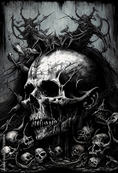Fototapeta Heavy Metal Poster Illustration with Evil Entity. Skulls, demons and ghosts. Detailed illustration, complex work, generative ai.