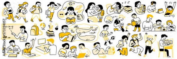 Fototapeta Cute character doodle illustration of back to school concept and education. Various student, teacher, walking, jumping, happy, reading book, learning, activities, imagination. Outline, hand drawn.
