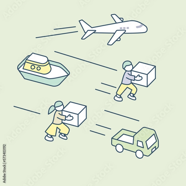 Obraz 様々な交通手段で運ぶ人々。早く運ぶことの重要性