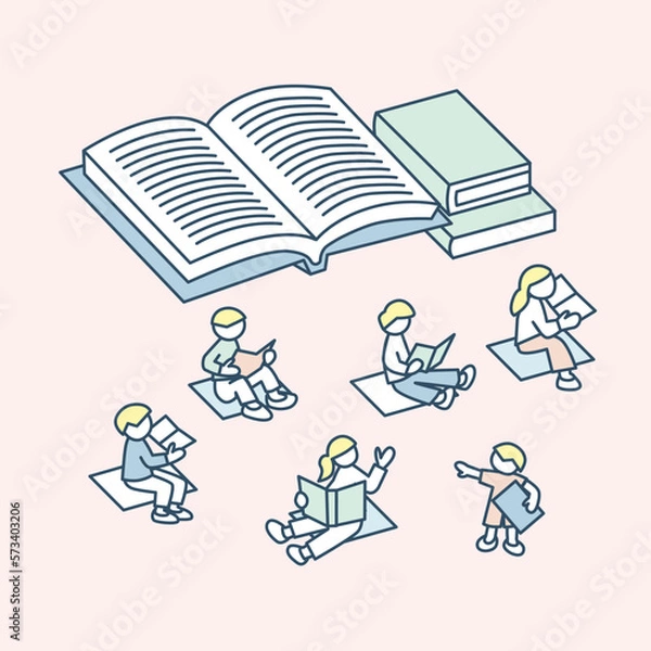 Obraz 本と文字。ゆっくりと読書する人々