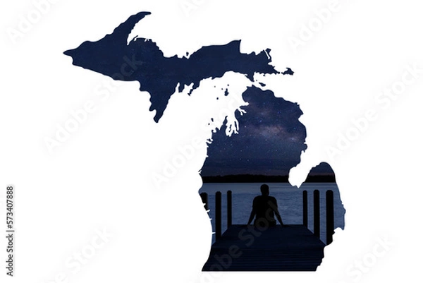 Obraz Outline of the state of Michigan with a boy sitting on a dock stargazing at night. 