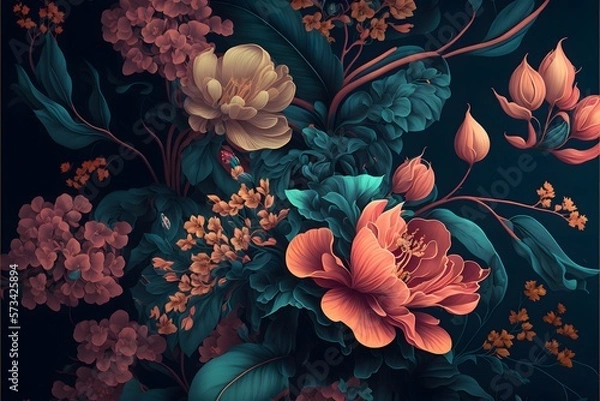 Obraz Dark floral background wallpaper design with multicolor flowers and leaves