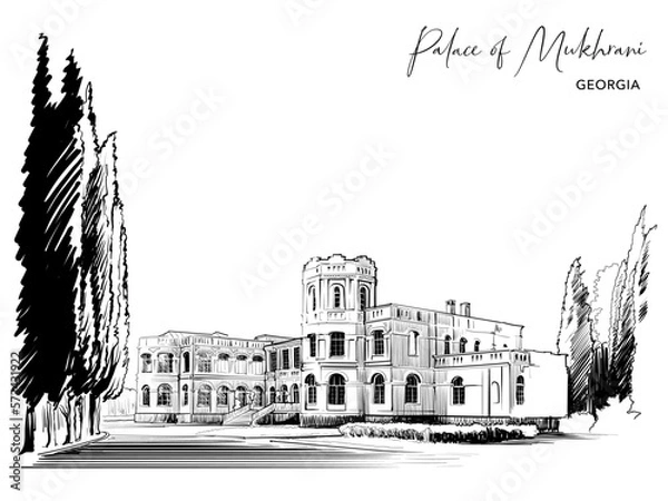Obraz Palace of Mukhrani. Country mansion near Mukhrani village, Georgia. Sketch for a Postcard or Travel Blog. Black Line drawing isolated on white background. EPS10 vector illustration