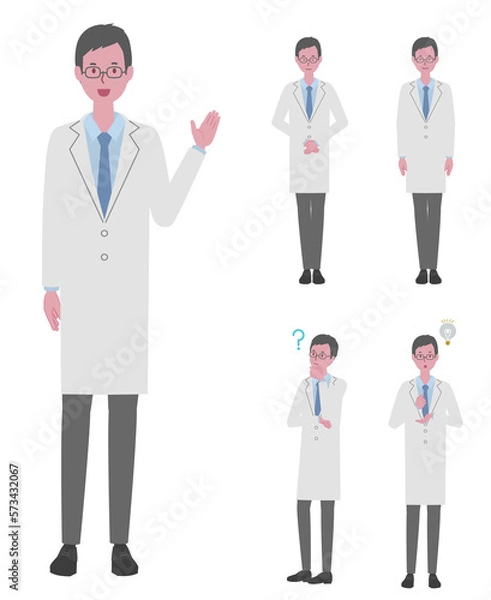 Fototapeta （ご案内・お辞儀・納得をする・疑問に思う）白衣を着た男性（医者か研究員）のイラストセット