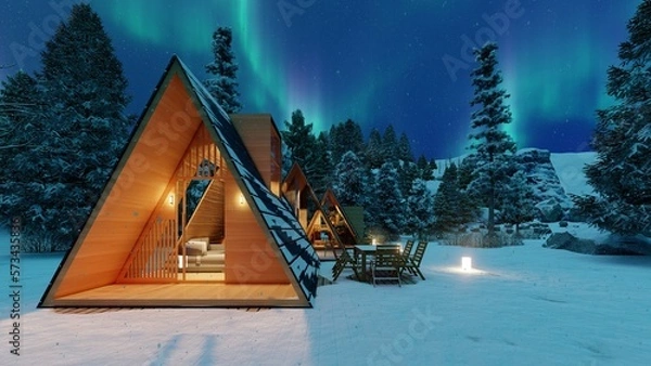 Fototapeta  House in the forest in a snowy forest with a view of the northern lights. 3D render.