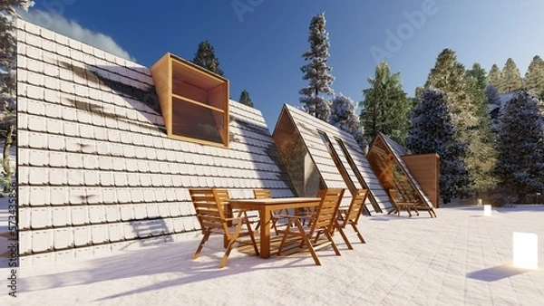 Fototapeta Forest lodge in a snowy forest with a terrace. 3D render.