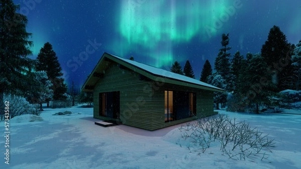 Fototapeta House in the forest in a snowy forest with a view of the northern lights. 3D render.