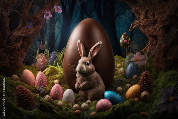 Fototapeta easter bunny with chocolate eggs in a mysterious forest, Generative AI