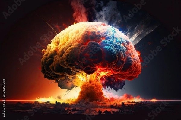 Fototapeta an explosion with colored smoke, in the style of dystopian realism, science-based, album covers, nuclear art, intense drama