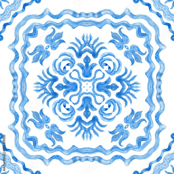 Obraz Watercolor painted tile, indigo blue hand drawn Baroque and floral ornaments isolated on a transparent background. Damask seamless pattern