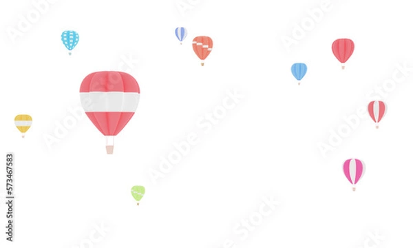 Fototapeta Colorful hot air balloons rising above serene on white background. Beautiful sun light Hot air balloon isolate. 3d rendering. illustration digital. colorful cute pastel