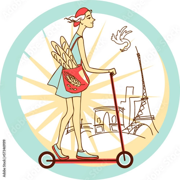 Fototapeta Illustration of a girl with a bag of delicious French baguettes on a scooter rides along a Parisian street with the Eiffel Tower in the background