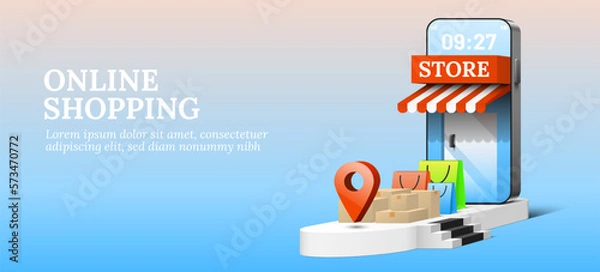 Fototapeta Smartphone store on podium with shopping bags parcel boxes and location map pin. Online shopping concept 3d vector.