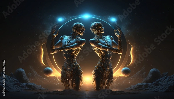 Obraz Illustration of the zodiac sign geminis, on the primordial darkness. generative ai
