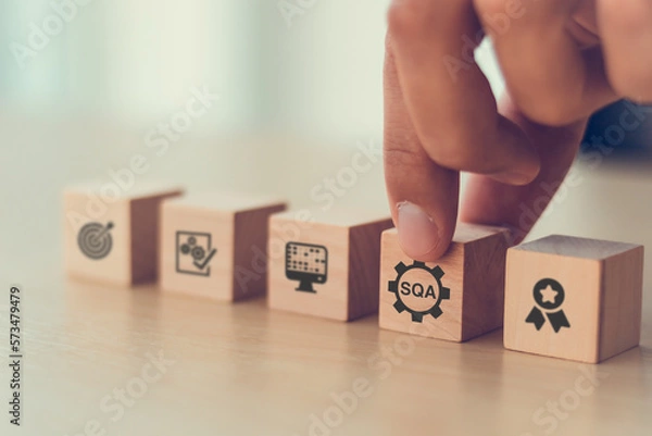 Fototapeta SQA, Software Quality Assurance concept. Verifying a software meets the required quality standards and user or customer's needs and expectations. Testing, inspection and auditing processes.