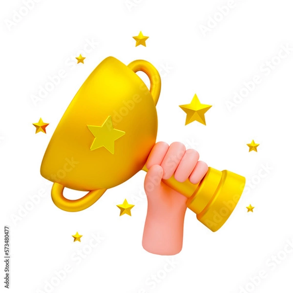 Fototapeta 3d minimalny puchar zwycięzcy. Nagroda za osiągnięcia, Puchar Trofeum. Trofeum mistrza, błyszczący złoty puchar, nagroda zwycięzcy. Dłoń trzymająca puchar trofeum mistrza z gwiazdami wokół. ilustracja renderowania 3D.