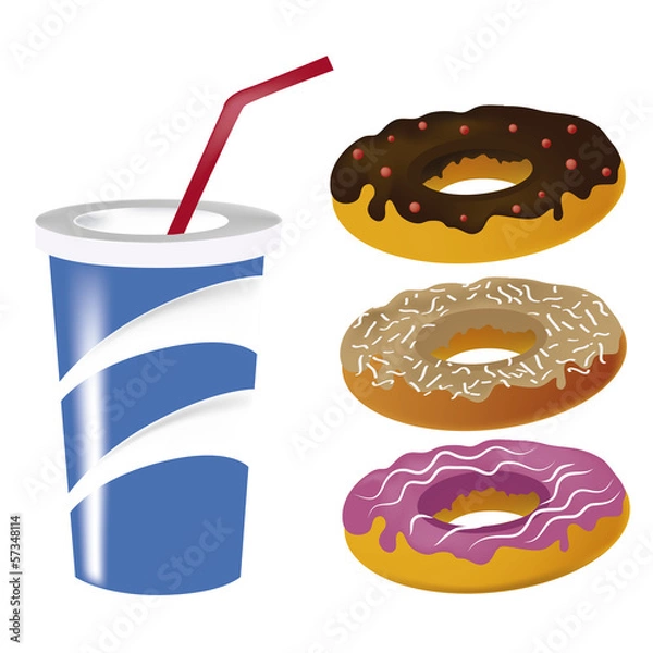 Fototapeta three donuts with drink