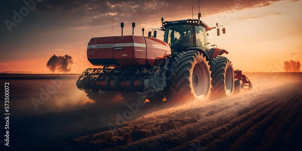 Fototapeta tractor on the field at sunset, generative ai